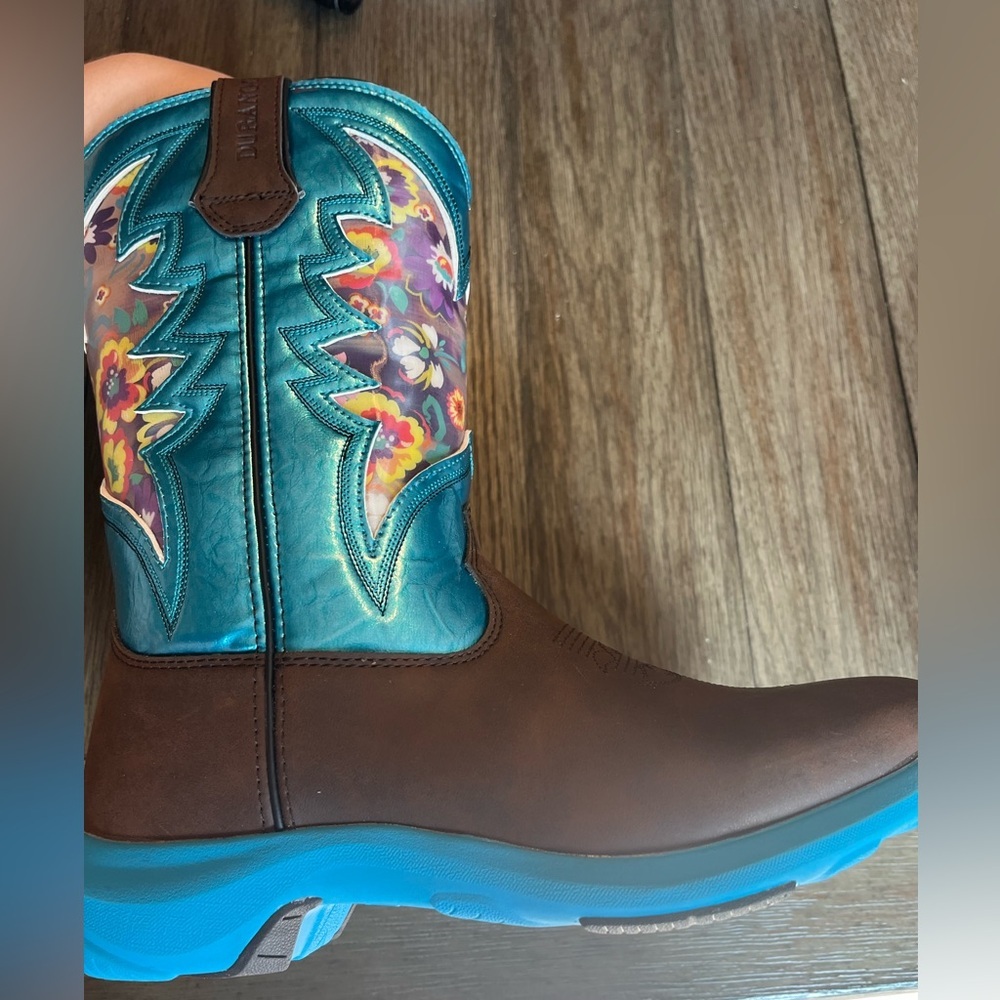 Durango Brown Leather Cowboy Boot with Teal and Multicolor Floral Shaft